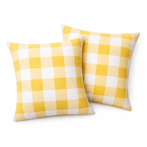 Native Fab Premium Throw Pillow Covers 2 Pack, 16x16 Inches, 100% Cotton, Vibrant Buffalo Plaid, Summer Check Cushion Cases, Bright Farmhouse Accent for Living Room, Outdoor, Lemon Yellow & White - color: Buffalo Lemon Yellow, size: 16" x 16" (Pack of 2)