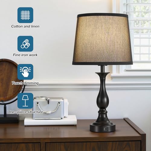 Bedside Table Lamp Touch Control Bedroom Lamps with USB A + C Charging Port 3 Way Dimmable Touch Lamps for Nightstand Living Room Bedroom Dorm Home Office Reading, Set of 2 (Black Shade & Black Base) - color: Black Shade & Black Base