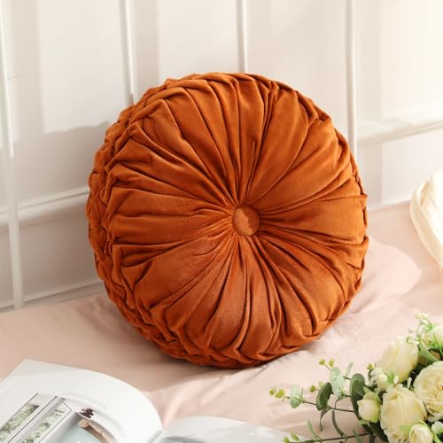 Drydiet 1 Pcs Round Throw Velvet Pillows Decorative Pleated Throw Pillows Diameter Accent Pumpkin Boho Chair Cushion for Couch Sofa Home Decoration (Brunt Orange,15'') - color: Brunt Orange, size: 15''