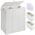 Greenstell Laundry Hamper with lid, No Install Needed, 110L Wicker Laundry Baskets Foldable 2 Removable Liner Bags, 2 Section Clothes Hamper Handwoven Rattan Laundry Basket with Handles, White - color: White