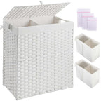 Greenstell Laundry Hamper with lid, No Install Needed, 110L Wicker Laundry Baskets Foldable 2 Removable Liner Bags, 2 Section Clothes Hamper Handwoven Rattan Laundry Basket with Handles, White - color: White