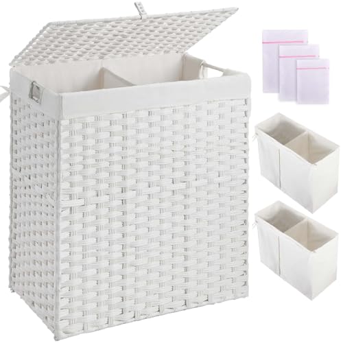 Greenstell Laundry Hamper with lid, No Install Needed, 110L Wicker Laundry Baskets Foldable 2 Removable Liner Bags, 2 Section Clothes Hamper Handwoven Rattan Laundry Basket with Handles, White - color: White