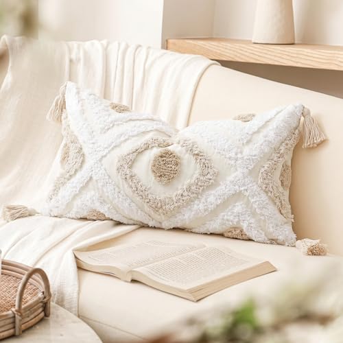 NUYECY Modern Long Lumbar Throw Pillow Cover 12 x 26,Cotton and Linen Tufted Decorative Boho Long Lumbar Pillow Case for Couch Sofa Bed Farmhouse Chair Outdoor,Khaki&Beige&White - size: 26" x 12" (Pack of 1)
