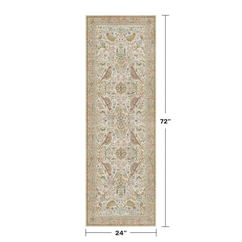 Hazo Haus Boho Long Bathroom Runner Rug 2x6 - Floral & Bird Runner Rug for Kitchen Floor, Hallway, Laundry Room, Bedroom, Entrance, Beige Neutral Vintage Decor, Washable Non Slip Low Pile - color: Beige, size: 2' x 6' (Runner)