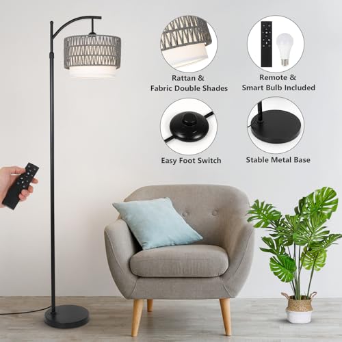 eyassi Floor Lamps for Living Room, Arc Standing Lamp with Remote & Dimmable Bulb, Boho Rattan Floor Lamp for Bedroom with 3 Color Temperatures, Farmhouse Tall Lamp, Height Adjustable Stand up Lamp - style: Rustic-Grey