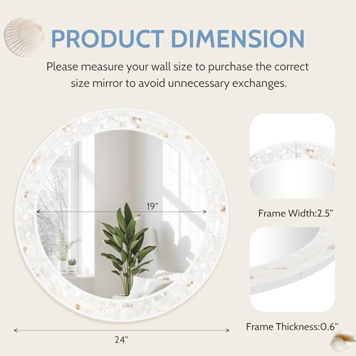 Tanmicoshomy Round Wall Mirror 24 Inch,Circle Mosaic Mirror with Natural Mother of Pearl and Wood Frame, Decorative Coastal Round Wall Mirror for Bathroom Bedroom Living Room Entryway - color: White, size: 24"L x 24"W