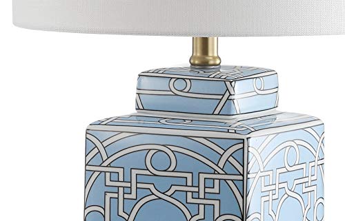 JONATHAN Y 22" Blue/White Modern Ceramic Ginger Jar Table Lamp for Nightstand, Square Lattice Transitional Chinoiserie Lamp for Living Room, White Linen Shade, LED Bulb JYL3044A - color: Blue/White