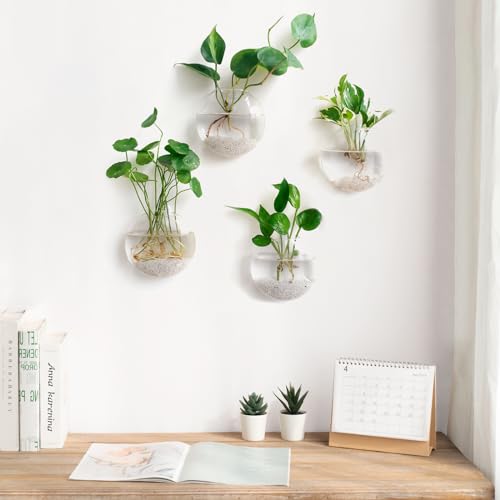 Mkono Wall Hanging Planter Propagation Station Glass Flower Vase for Hydroponics Plants, Bathroom, Home Office Living Room Decor Gift, Oblate Set of 4(Plants not Included)