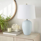 Nourison Home 23" Coastal Blue Ceramic Pot Table Lamp for Bedroom, Living Room, Dining Entryway, with White Shade - color: Light Blue, size: 1 Lamp - Drum Shade