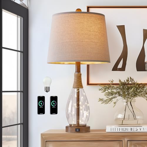 OYEARS 23" USB A+C Table Lamps for Bedroom Living Room Modern Bedside Lamps Retro Farmhouse Rattan Glass Nightstand Nightlight Lamps,Two Light Points - color: Walnut