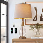 OYEARS 23" USB A+C Table Lamps for Bedroom Living Room Modern Bedside Lamps Retro Farmhouse Rattan Glass Nightstand Nightlight Lamps,Two Light Points - color: Walnut