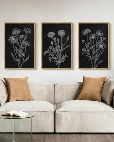 Drsoum Black White Flower Wall Art Vintage Minimalist Floral Wall Hanging Decor Bohemain Botanical Prints Artwork for Bedroom Living Room Hallway 16x24in Natural Framed - color: White Flower, size: 16x24in, Natural Framed