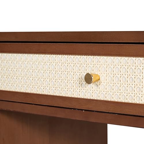 47" Rattan Vanity Table with Mirror and Lights, Brown Makeup Vanity with Storage & 5 Drawers, Boho Vanitys Desk with Shelves for Bedroom, 3 Lighting Modes, Adjustable Brightness (Dark Brown) - color: Dark Brown