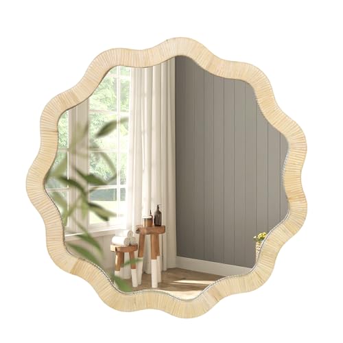 ULIKE Rattan Wicker Mirror for Bathroom, 24 Inch Boho Woven Decorative for Wall, Rustic Farmhouse Vanity Mirror, Geometric Scalloped Rattan Mirrors for Living Room Entryway Bathroom Bedroom - color: Scalloped, size: 24"L x 24"W