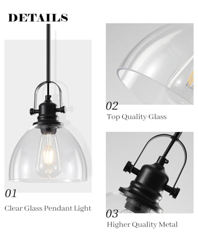 Pendant Lights Kitchen Island, 7.5 Inch Glass Pendant Lights Kitchen Island, Black Pendant Lighting with Adjustable Rod, Industrial Hanging Island Pendant Light for Kitchen, Bedroom (2 Pack) - color: Clear Glass-Black+Rod, size: 2-Pack