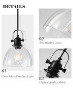 Pendant Lights Kitchen Island, 7.5 Inch Glass Pendant Lights Kitchen Island, Black Pendant Lighting with Adjustable Rod, Industrial Hanging Island Pendant Light for Kitchen, Bedroom (2 Pack) - color: Clear Glass-Black+Rod, size: 2-Pack