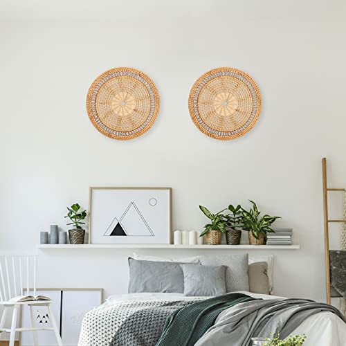 Wall Basket Decor, Boho Handmade Hanging Wall Baskets, Woven Seagrass Rattan Wall Decor, Flat Round Handcrafted Wall Decor for Coastal Art Bedroom Living Room Farmhouse home(Rattan circle 25cm) - color: Rattan circle 25cm