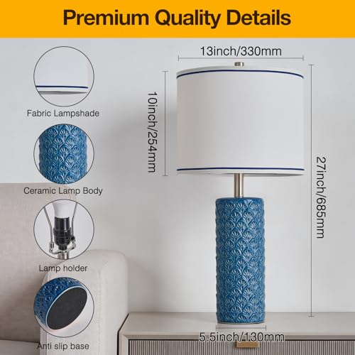 27" Farmhouse Bedside Table Lamp Set of 2, Bule Modern Ceramic Lamps for Living Room, 3 Color Temperature Rustic Table Lamps for Bedroom, Night Stands, Dorm,Office, Home Décor (Bulb Included) - color: Bule, size: 27"