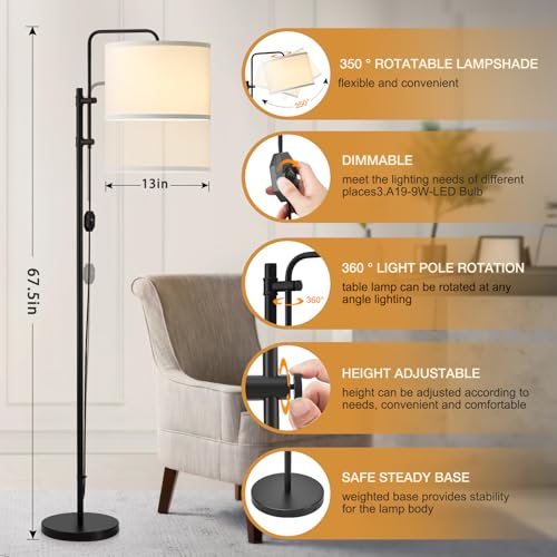 GyroVu Floor Lamp for Living Room, Adjustable Height Standing Lamps with 350° Rotate White Lampshade, 67.5-Inch Modern Tall Lamp Dimmable Floor Lamps for Corner Bedroom Home Office (Bulb Included) - color: White Fabric Shade