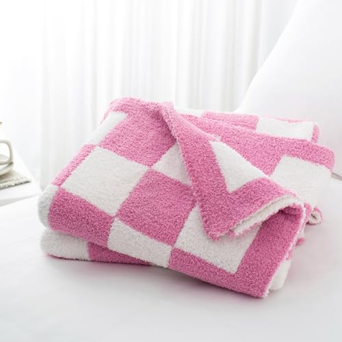 Carriediosa Checkered Throw Blanket 50" X 60", 400GSM Ultra Soft Microfiber Fuzzy Fluffy Reversible Cute Preppy Knitted Blankets Cozy Plush Fall Throws for Couch, Bed, Sofa, Hot Pink - color: Check - Hot Pink, size: 50" X 60"