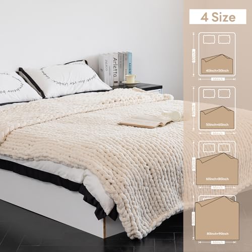 Chunky Knit Blanket - Luxury Soft Cozy 80 * 90 Throw Blanket,100% Woven Blanket Rope Knot Throw Blanket for Couch, Sofa, Home Decor, Gift - Machine Washable (Cream, 80 * 90) - color: Cream, size: 80*90