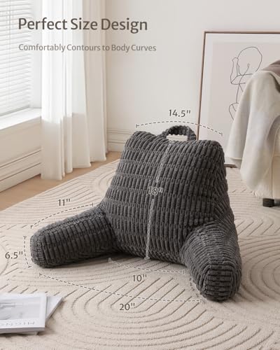 Blissful Diary Reading Pillow, Backrest Pillow with Shredded Memory Foam for Adult & Children, Designed for Bed and Couch Sitting Up, Includes Arms, Pockets and Washable Cover, Dark Gray - color: Textured Dark Gray, size: Standard(18inch)