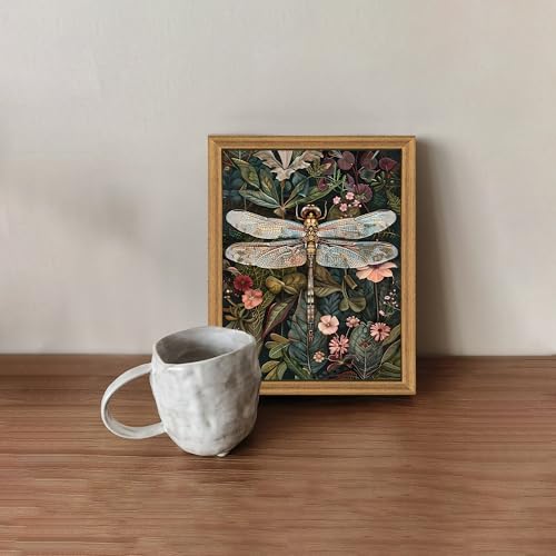 ICHZUMW William Morris Vintage Dragonfly Canvas Wall Art Framed, Green Botanical Wall Decor Pictures for Bedroom Living Room, Colorful Nature Painting Artwork Prints, Rustic Home Decorations, 8x10in - color: Dragonfly, size: 10"L x 8"W