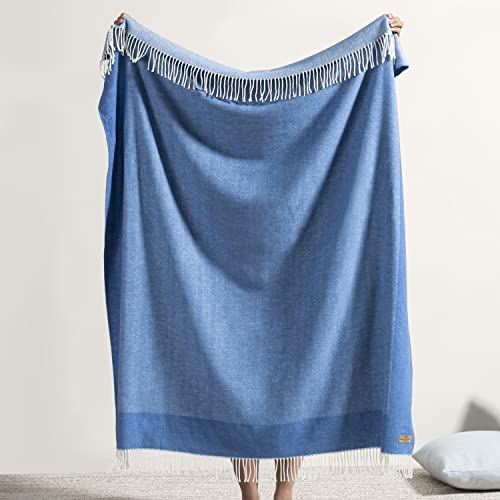 Lands Downunder All-Season, Luxury Azure Border Herringbone Throw – Soft Woven Throw with Decorative Fringe – Made in Italy – 51”W x 67”L - Perfect for Gifting - color: Azure