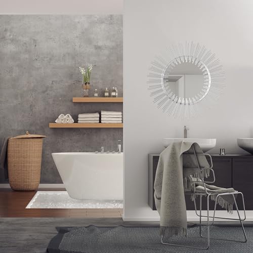 Edvivi Round 31" Silver Sunburst Hanging Wall Mirror with Metal Frame, Decorative Mirror for the Living Room, Bedroom, Bathroom, Hallway, and Entryway - color: Silver