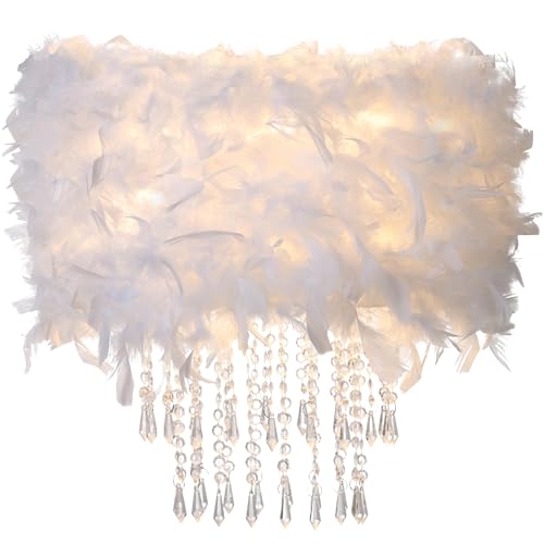 Feather Lamp Shade with Acrylic Beads Droplets, Universal Fit Light Shade for Pendant, Table, Floor & Wall Lighting, Girl Bedroom Decor, ID 11.8inch, OD 15.7inch, White - color: White, size: 15.7 inches