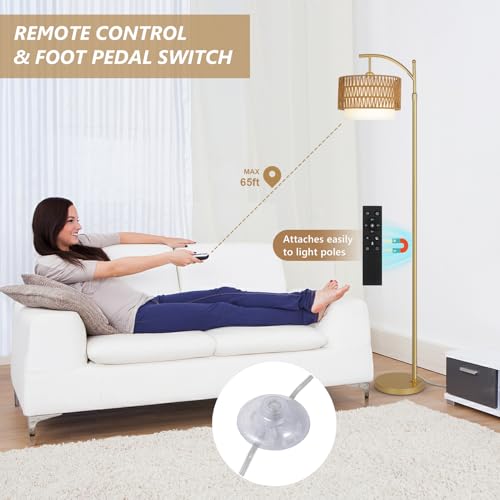 Gold Floor Lamps for Living Room with Remote & Dimmable LED Bulb, Modern Arc Floor Lamp with 3 Color Temperatures, Boho Standing Lamp with Rattan & Fabric Shades, Adjustable Tall Lamp for Bedroom - style: Rustic-Gold
