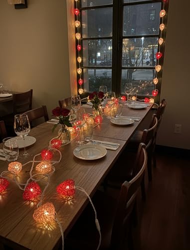 8.5ft Valentine’s Day Heart String Lights Plug in, Vintage Rattan Lights with 10 LED Red Pink Shatterproof Bulbs, Fairy Lights for Indoor Outdoor Home Decor Wedding Party Birthday, Warm White - color: Rattan Red Pink Heart