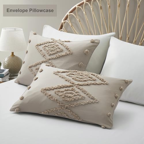 Oli Anderson Tufted Duvet Cover King Size, Soft and Lightweight Duvet Covers Set for All Seasons, 3 Pieces Boho Embroidery Shabby Chic Bedding Set (Khaki, King, 104"x90") - color: Khaki, size: King(104"×90")