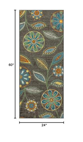 Maples Rugs Reggie Floral Runner Rug - Made in USA - Washable, Non Slip Indoor Carpet for Kitchen, Hallway, and Laundry Room, 2' x 5', Dark Grey - color: Dark Grey, size: 2' x 5' (Rectangular)