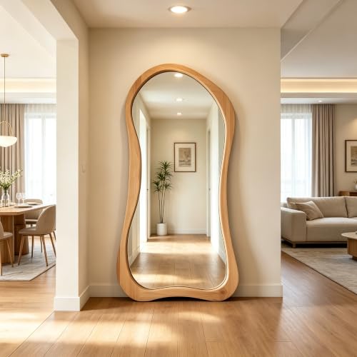 Irregular Full Length Mirror, 71"x33.5" Oversized Organic Floor Mirror with Solid Wood Frame, Asymmetrical Full Body Mirrors for Entryway Hallway Cloakroom Living Room, Leaning/Hanging - color: Natural Wood Frame, size: 71"L x 33.5"W