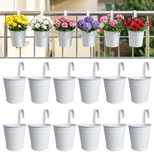 LaLaGreen Rail Planter (6 Inch, 12 Pack) Black Large Metal Hanging Flower Railing Fence Balcony Gardening for Apartment Patio Planters Outdoor Deck Decoration Modern Garden Iron Porch Decor Pots - size: 6 Inch (White x 12 Pcs)