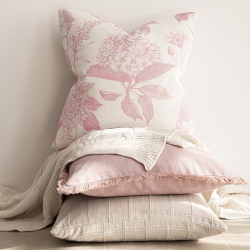 Foindtower Set of 2 Linen Floral Throw Pillow Covers Neutral Vintage Print Decorative Cozy Cushion Covers Farmhouse Boho Home Decor for Sofa Chair Couch Bedroom Living Room,18×18 Inch,Light Pink - color: Light Pink, size: 18" x 18" (Pack of 2)