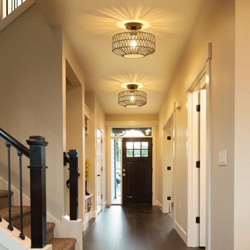 Boho Light Fixtures Ceiling Mount，Rattan Ceiling Light Fixture with Dimmable LED Bulb，Mini Hand Woven Chandelier Light Fixtures Ceilingfor Hallway Bedroom Kitchen Entryway Living Room（Grey） - color: Gray