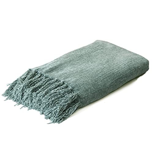 Sage Green Chenille Throw Blanket for Couch Bed，Soft Cozy Throw Blanket with Handmade Fringe, Decorative Blanket for Sofa Chair Living Room for Gift, (Sage Green) - color: Sage Green, size: 50“ x 60"