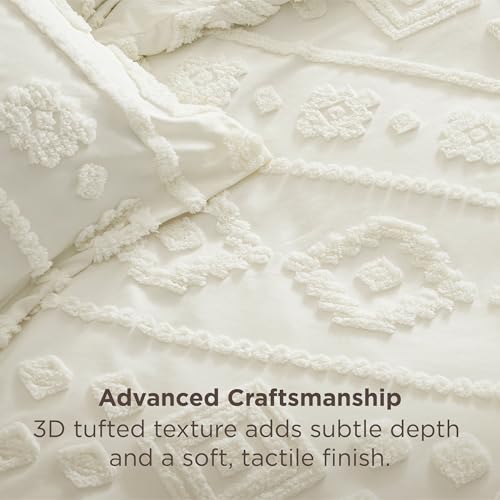Bedsure Boho Tufted White Comforter Set Queen Size, GentleSoft™ 3 Pieces Boho Farmhouse-Style Decor Bedding, Exquisite Bedding for All Seasons, 1 Bed Comforter, 2 Pillow Shams, 90x90 Inches - color: 03 - Distressed Vintage White, size: Queen (90" x 90")