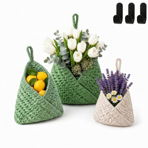 Honeydak Boho Decor Hanging Wall Baskets for Kitchen 3 Pack Teardrop Baskets with Hooks Storage Fruit Onion Vegetable Potato for Home 3 Sizes(Sage Color Palette,Triangle,Cotton Rope) - color: Sage Color Palette, size: Cotton Rope, style: Triangle