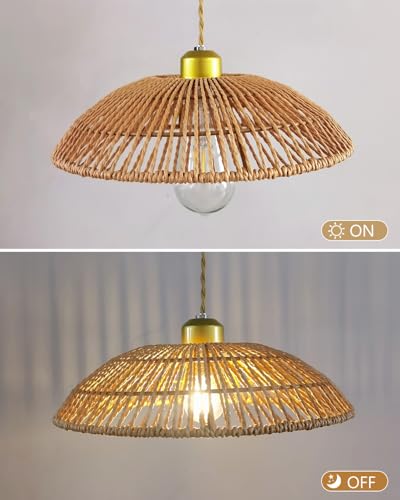 Boho Rattan Pendant Light, 12 Inch Hand Woven Rustic Chandelier, Farmhouse Hanging Ceiling Light Lamp Wicker Chandelier for Dining Room Kitchen Island Living Room - color: 11.81″-Semicircle