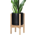 D'vine Dev Ceramic Planter with Natural Stand - 8 Inch Modern Round Flower Pot with Wood Planter Holder, Black, 55-B-N-2 - color: Black Pot + Natural Stand, size: 8 Inch