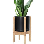 D'vine Dev Ceramic Planter with Natural Stand - 8 Inch Modern Round Flower Pot with Wood Planter Holder, Black, 55-B-N-2 - color: Black Pot + Natural Stand, size: 8 Inch
