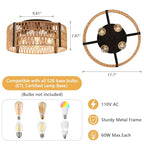Rattan Ceiling Light Fixture 4-Light Farmhouse Ceiling Light 17.7" Boho Flush Mount Ceiling Lights for Dining Room Kitchen Bedroom Living Room, E26 Base (Not Included Blub)