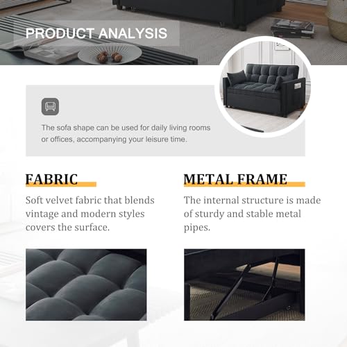 Futon Sofa Bed,Modern 3 in 1 Convertible Sleeper Sofa, Pull Out Couch Bed with Adjustable Backrest, Storage Pockets and Toss Pillows for Living Room, Bedroom (Black) - color: Black
