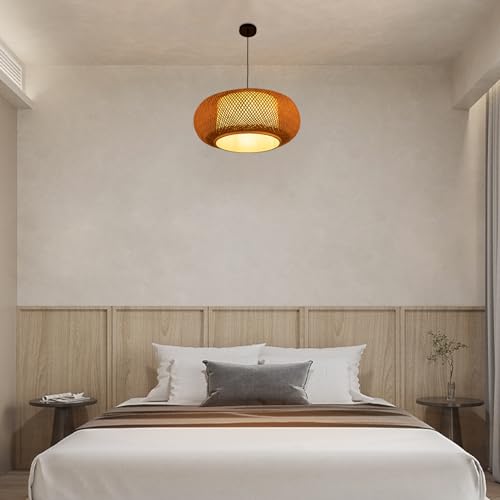 Bamboo Wicker Rattan Shade Pendant Lamp 23.62 inch Woven Rattan Chandelier Country Style Weave Hanging Light for Bedroom Living Dinning Room Kitchen Island