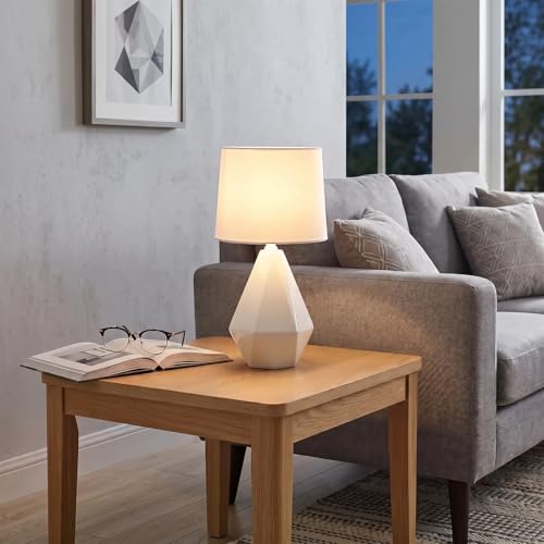 SOTTAE Modern Small Ceramic Table Lamp, White Irregular Geometric Bedside Table lamp for Bedroom,Nightstand Lamps with White Fabric Shade, Small Lamp for Kitchen Living Room