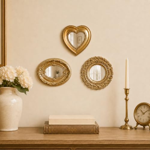 Golden Mini Vintage Mirror with Exquisite Relief Elegant Wall Decor for Bedroom Dresser Table Compact Resin Retro Design (Golden Oval, 4.7 X5.5) - color: Golden Oval