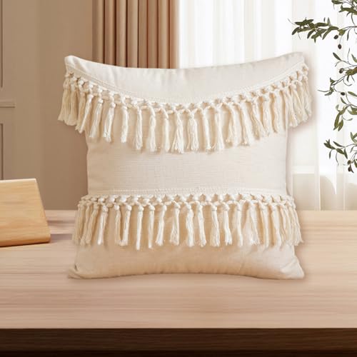 Boho Decorative Throw Pillow Cover 18x18 Inch Cozy Bohemian Macrame Cushion Cover Square White Cotton Pillow Case with Tassels for Couch Sofa Bed Bench Car Farmhouse Home Decor